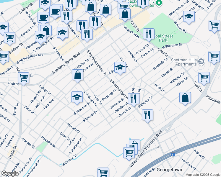map of restaurants, bars, coffee shops, grocery stores, and more near 341 East Northampton Street in Wilkes-Barre