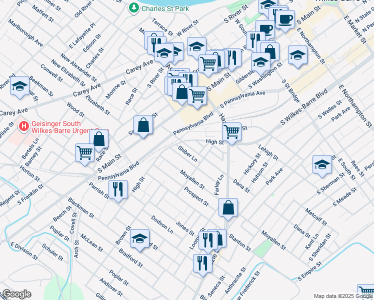 map of restaurants, bars, coffee shops, grocery stores, and more near 78 Dana Street in Wilkes-Barre
