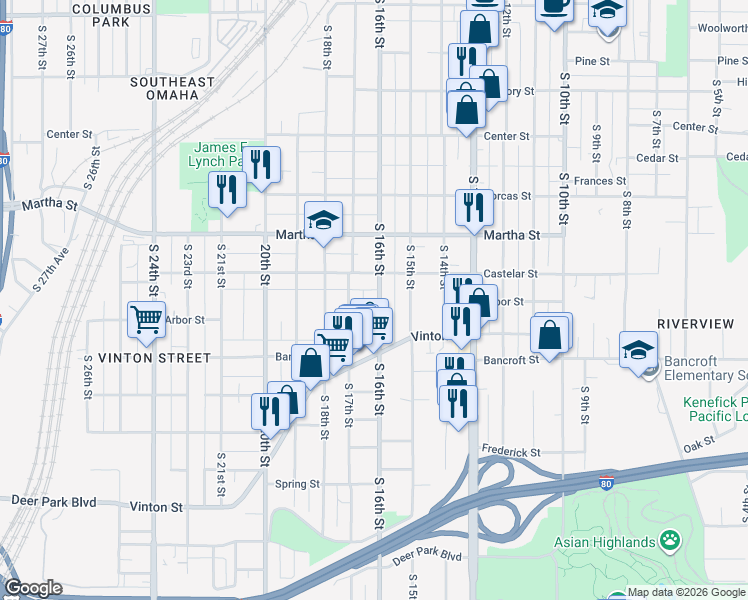 map of restaurants, bars, coffee shops, grocery stores, and more near 2413 South 16th Street in Omaha