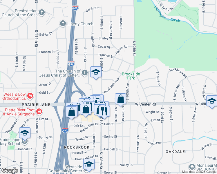 map of restaurants, bars, coffee shops, grocery stores, and more near 2509 South 108th Street in Omaha