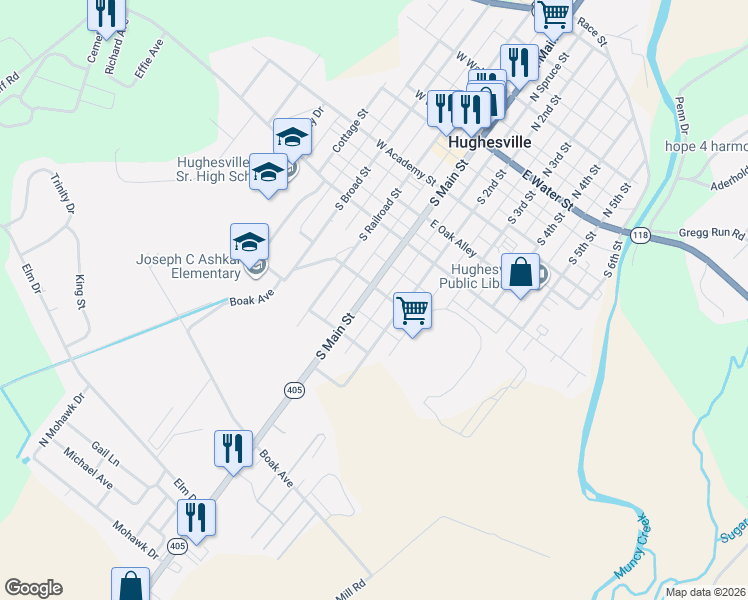 map of restaurants, bars, coffee shops, grocery stores, and more near 301-399 South Spartan Street in Hughesville