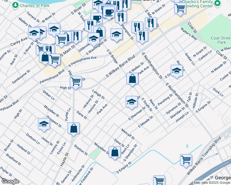 map of restaurants, bars, coffee shops, grocery stores, and more near 171 Park Avenue in Wilkes-Barre
