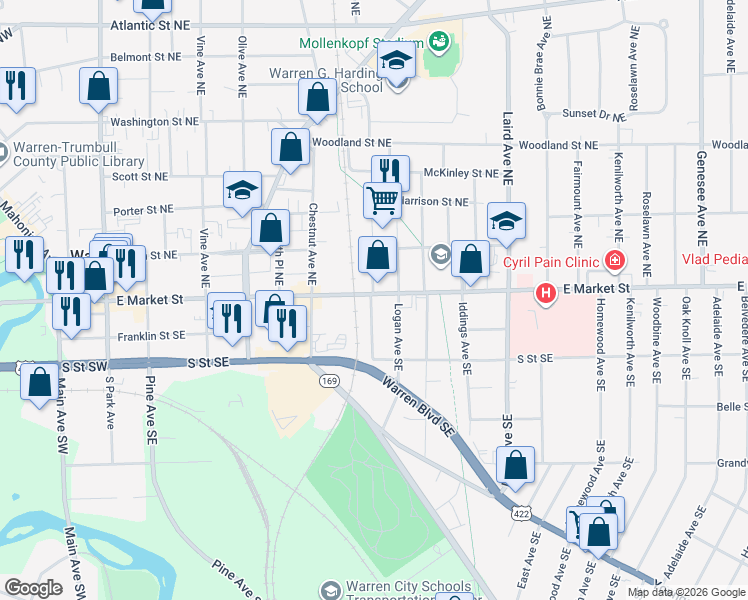 map of restaurants, bars, coffee shops, grocery stores, and more near 913 East Market Street in Warren