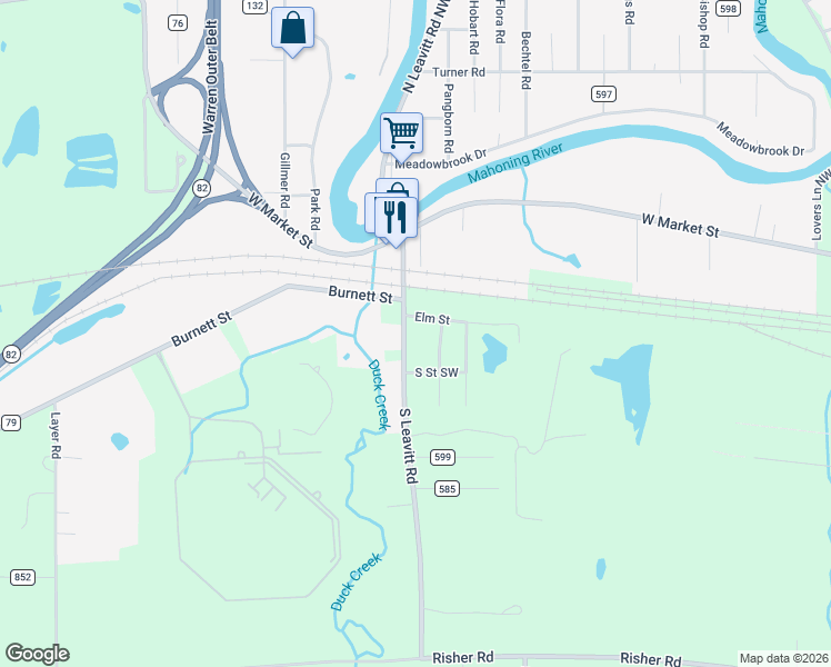 map of restaurants, bars, coffee shops, grocery stores, and more near 4949 Elm Street in Leavittsburg