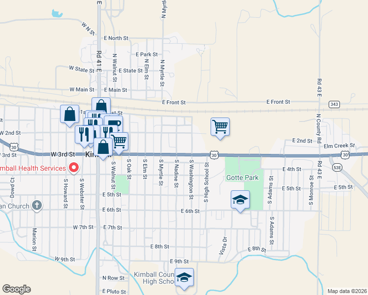 map of restaurants, bars, coffee shops, grocery stores, and more near 611 East 3rd Street in Kimball