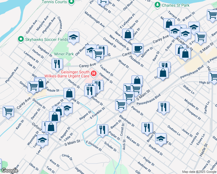 map of restaurants, bars, coffee shops, grocery stores, and more near 116 Hanover Street in Wilkes-Barre