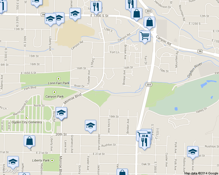 map of restaurants, bars, coffee shops, grocery stores, and more near 1680 South 1085 East in Ogden