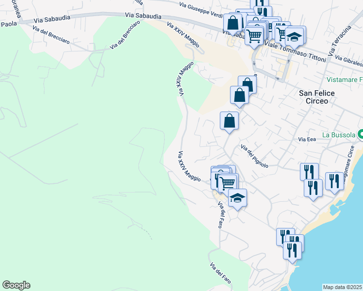 map of restaurants, bars, coffee shops, grocery stores, and more near 48/2 Via XXIV Maggio in San Felice Circeo