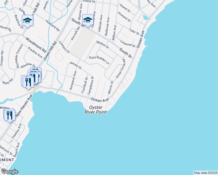 map of restaurants, bars, coffee shops, grocery stores, and more near 62 Great Circle Road in West Haven