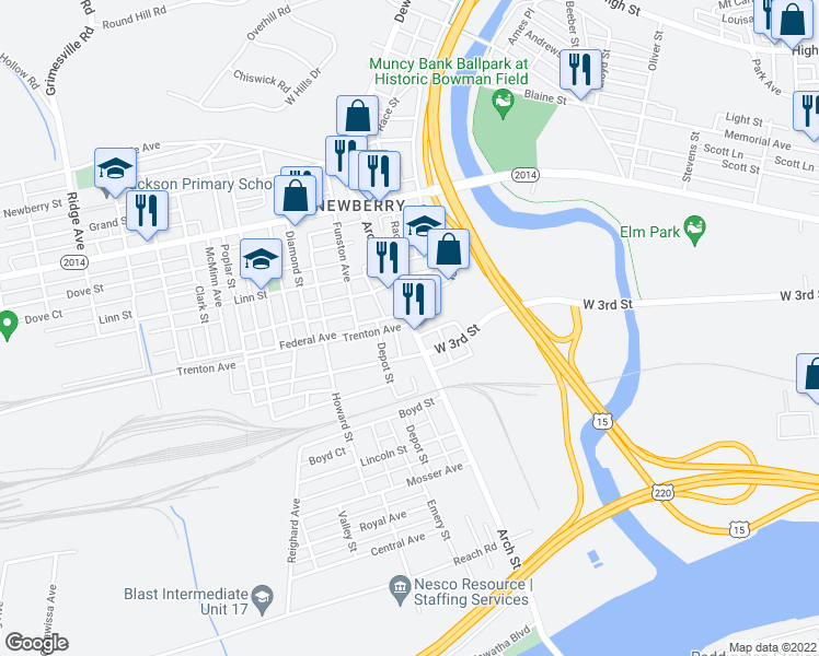map of restaurants, bars, coffee shops, grocery stores, and more near 623 Arch Street in Williamsport