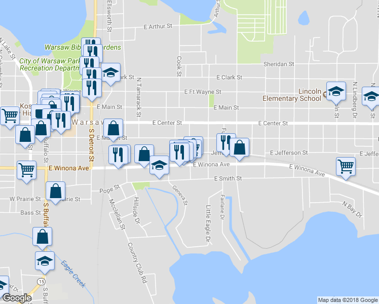 map of restaurants, bars, coffee shops, grocery stores, and more near Jefferson Street in Warsaw