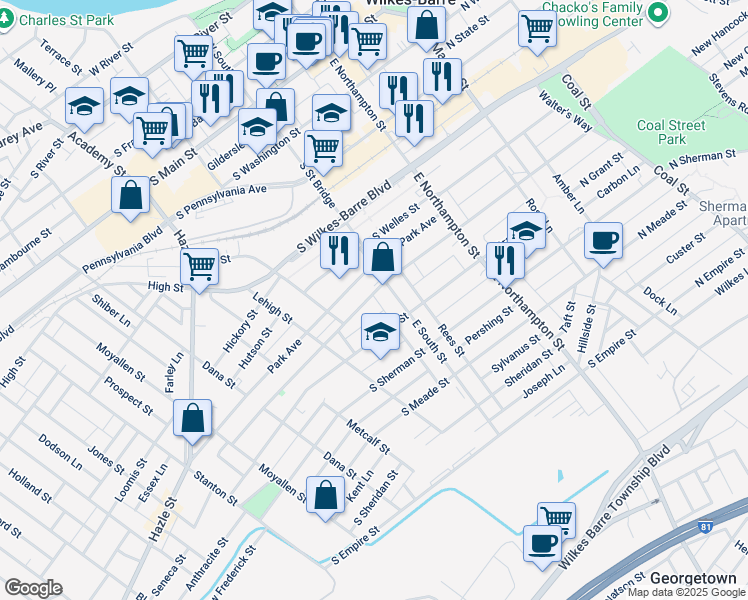map of restaurants, bars, coffee shops, grocery stores, and more near 251 South Hancock Street in Wilkes-Barre