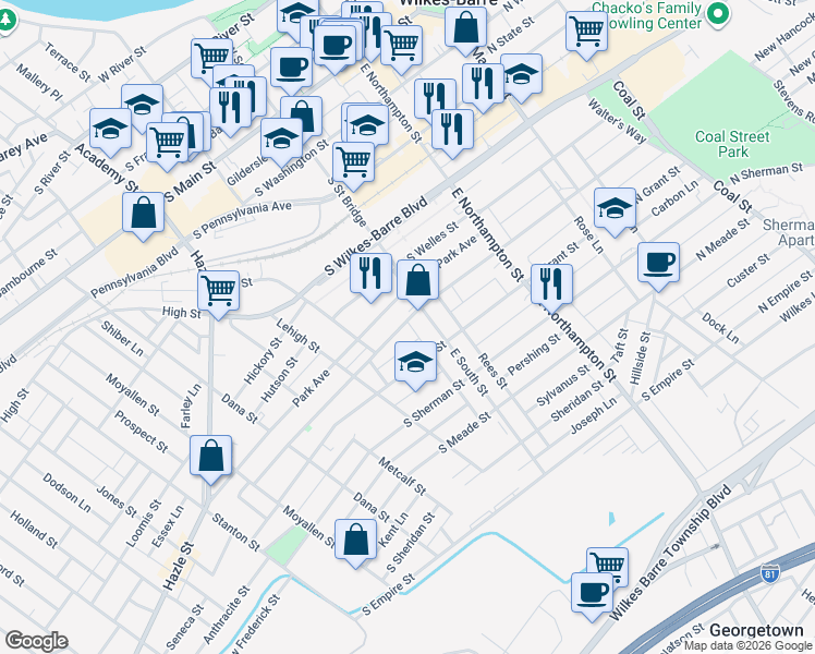 map of restaurants, bars, coffee shops, grocery stores, and more near 251 South Hancock Street in Wilkes-Barre