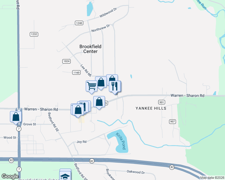 map of restaurants, bars, coffee shops, grocery stores, and more near 7325 Warren - Sharon Road in Brookfield Center