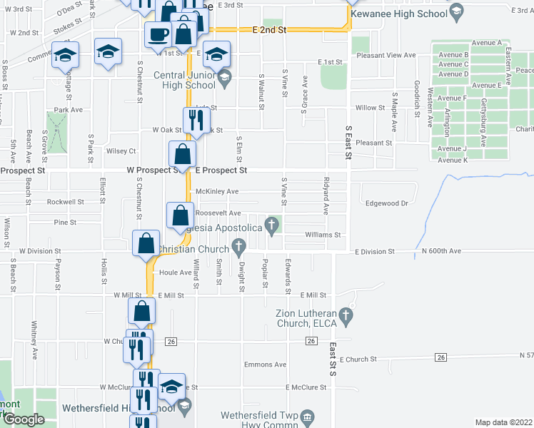 map of restaurants, bars, coffee shops, grocery stores, and more near 739 George Street in Kewanee