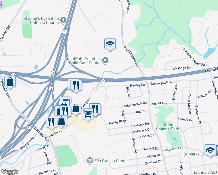 map of restaurants, bars, coffee shops, grocery stores, and more near 677 Hawley Lane in Stratford