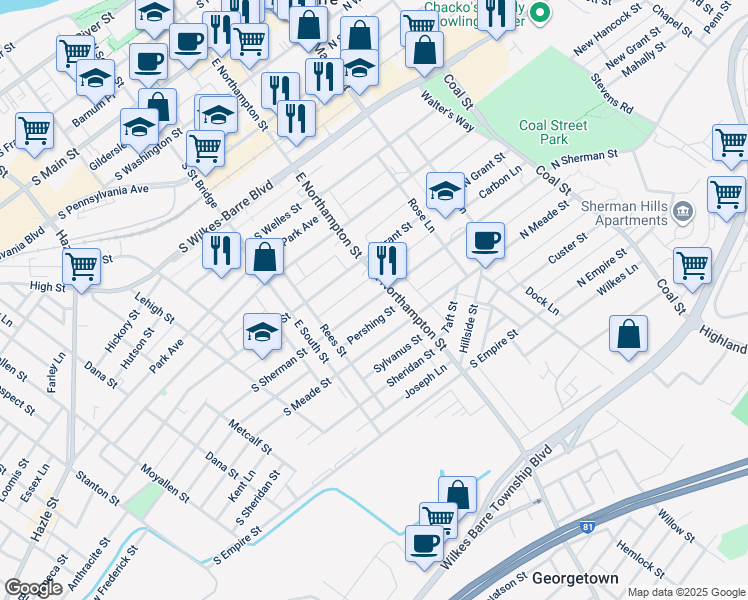 map of restaurants, bars, coffee shops, grocery stores, and more near 341 East Northampton Street in Wilkes-Barre