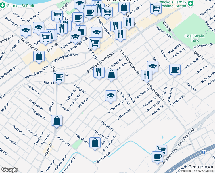 map of restaurants, bars, coffee shops, grocery stores, and more near 251 South Hancock Street in Wilkes-Barre