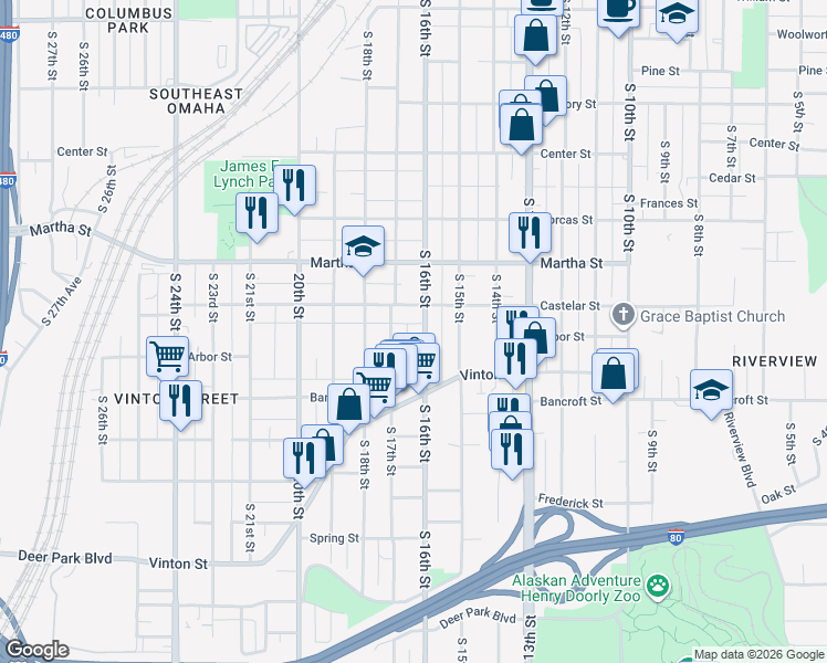 map of restaurants, bars, coffee shops, grocery stores, and more near 2409 South 17th Street in Omaha
