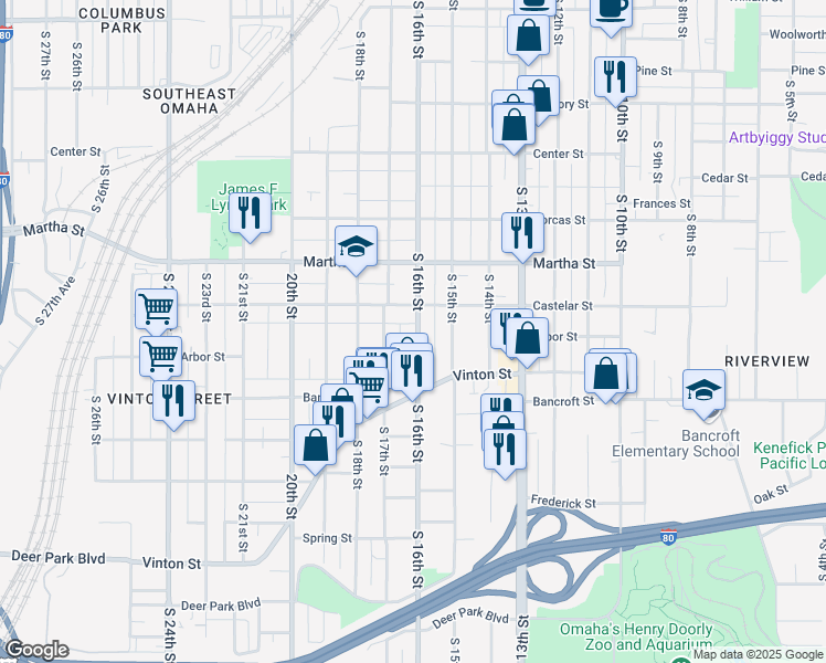 map of restaurants, bars, coffee shops, grocery stores, and more near 2413 South 16th Street in Omaha