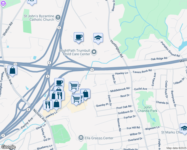 map of restaurants, bars, coffee shops, grocery stores, and more near 677 Hawley Lane in Stratford