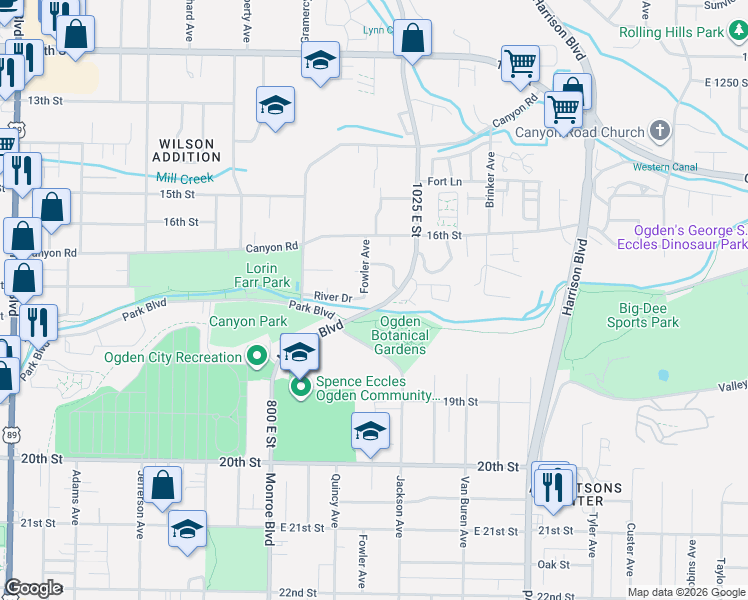 map of restaurants, bars, coffee shops, grocery stores, and more near 1687 Kylee Lane in Ogden