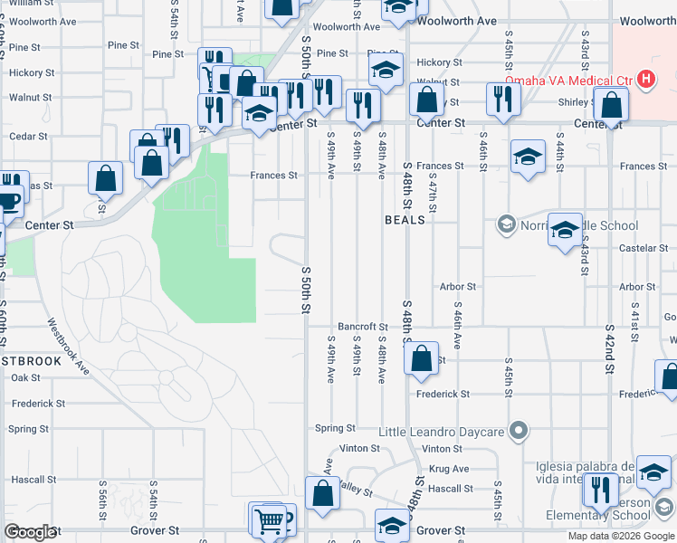 map of restaurants, bars, coffee shops, grocery stores, and more near 2414 South 49th Street in Omaha