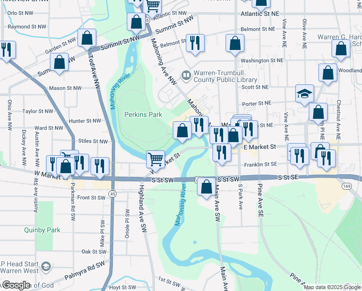 map of restaurants, bars, coffee shops, grocery stores, and more near 342 West Market Street in Warren