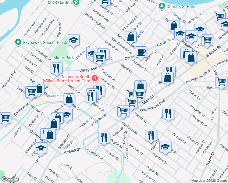map of restaurants, bars, coffee shops, grocery stores, and more near 44 Rowland Street in Wilkes-Barre