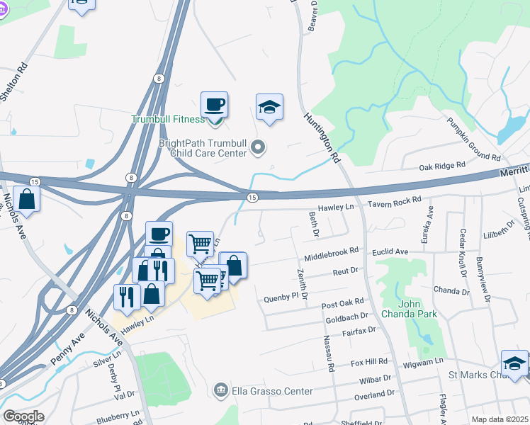map of restaurants, bars, coffee shops, grocery stores, and more near 707 Hawley Lane in Stratford