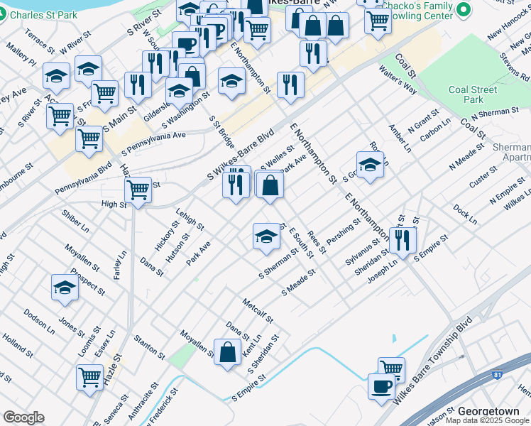 map of restaurants, bars, coffee shops, grocery stores, and more near 8 Howard Street in Wilkes-Barre