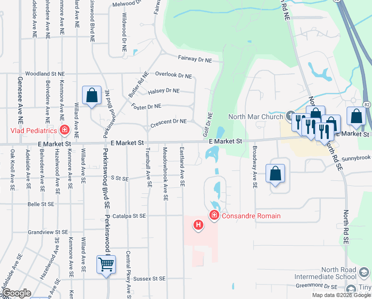 map of restaurants, bars, coffee shops, grocery stores, and more near 3210 East Market Street in Warren