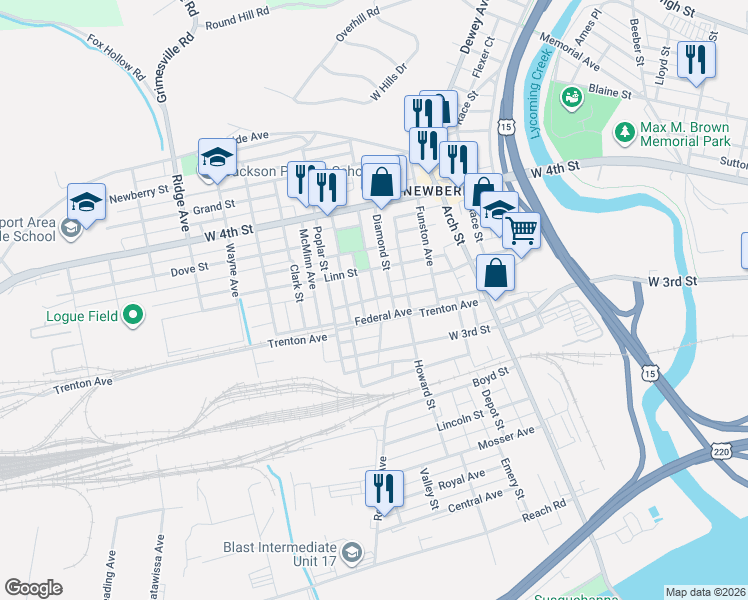 map of restaurants, bars, coffee shops, grocery stores, and more near 717 Diamond Street in Williamsport