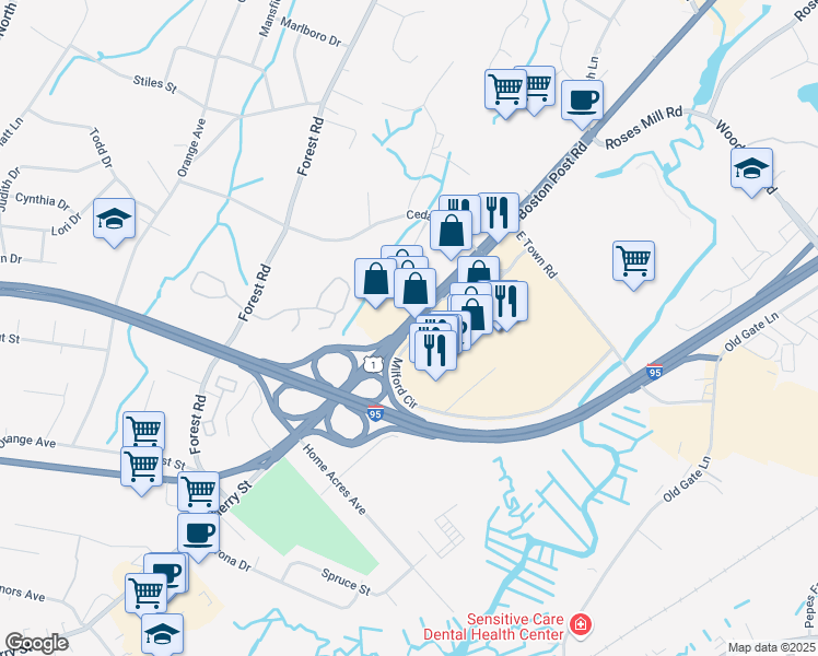 map of restaurants, bars, coffee shops, grocery stores, and more near 1191 Boston Post Road in Milford