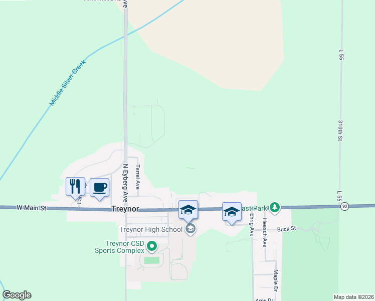 map of restaurants, bars, coffee shops, grocery stores, and more near 109 Firethorn Drive in Treynor