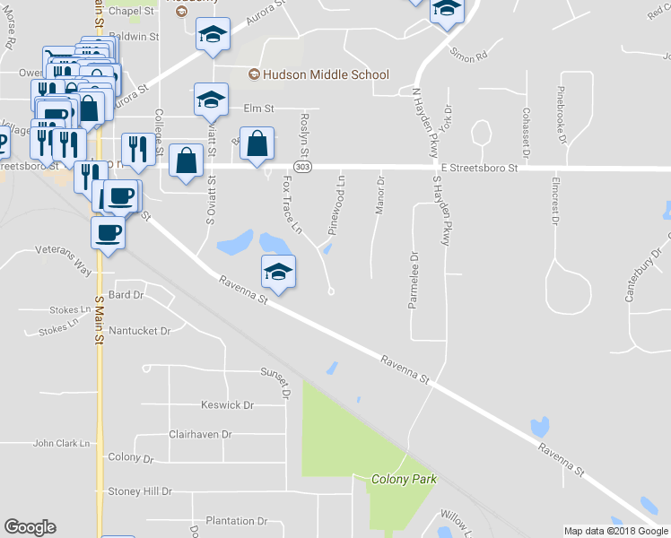 map of restaurants, bars, coffee shops, grocery stores, and more near 79 Fox Trace Lane in Hudson
