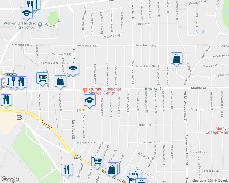 map of restaurants, bars, coffee shops, grocery stores, and more near 1700 East Market Street in Warren
