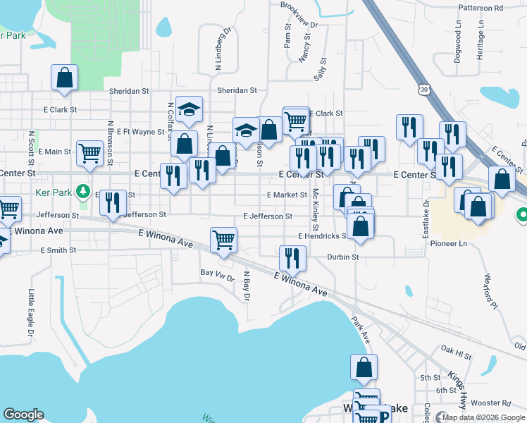 map of restaurants, bars, coffee shops, grocery stores, and more near 225 South Harrison Street in Warsaw