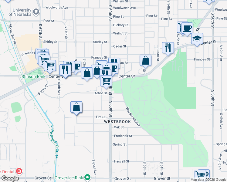 map of restaurants, bars, coffee shops, grocery stores, and more near 2425 South 60th Street in Omaha