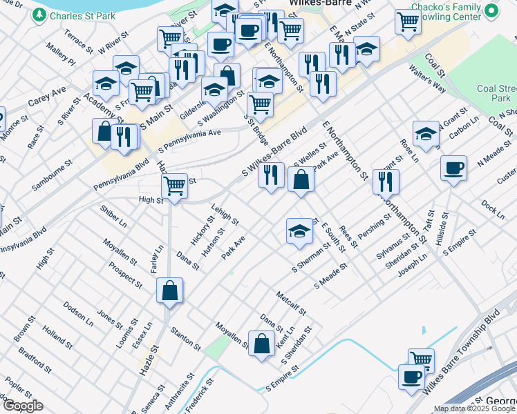 map of restaurants, bars, coffee shops, grocery stores, and more near 282 S Welles St in Wilkes-Barre