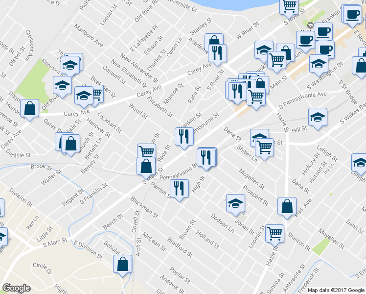 map of restaurants, bars, coffee shops, grocery stores, and more near 230 Sambourne Street in Wilkes-Barre