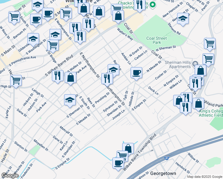 map of restaurants, bars, coffee shops, grocery stores, and more near 71 Puritan Lane in Wilkes-Barre