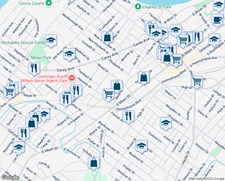 map of restaurants, bars, coffee shops, grocery stores, and more near 49 Oregon Street in Wilkes-Barre