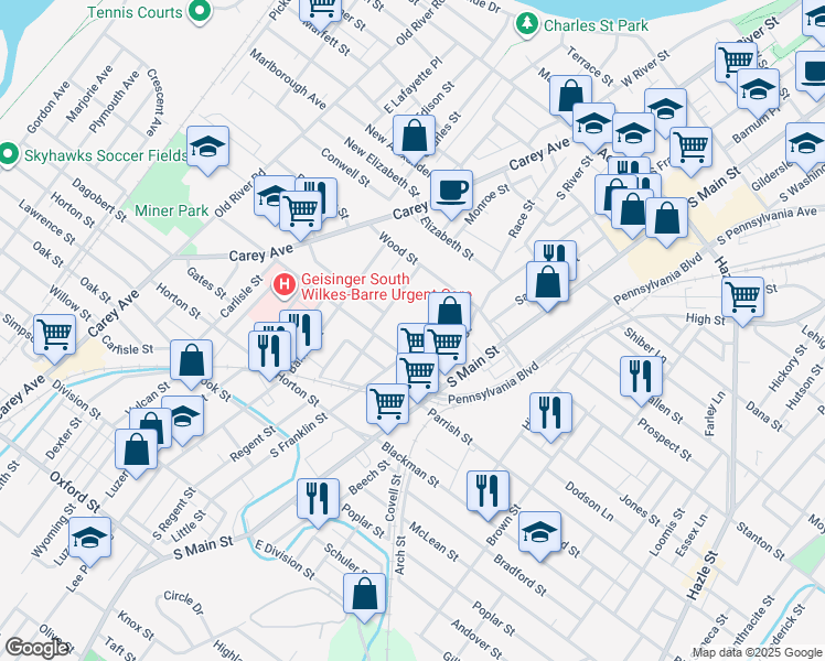 map of restaurants, bars, coffee shops, grocery stores, and more near 49 Oregon Street in Wilkes-Barre