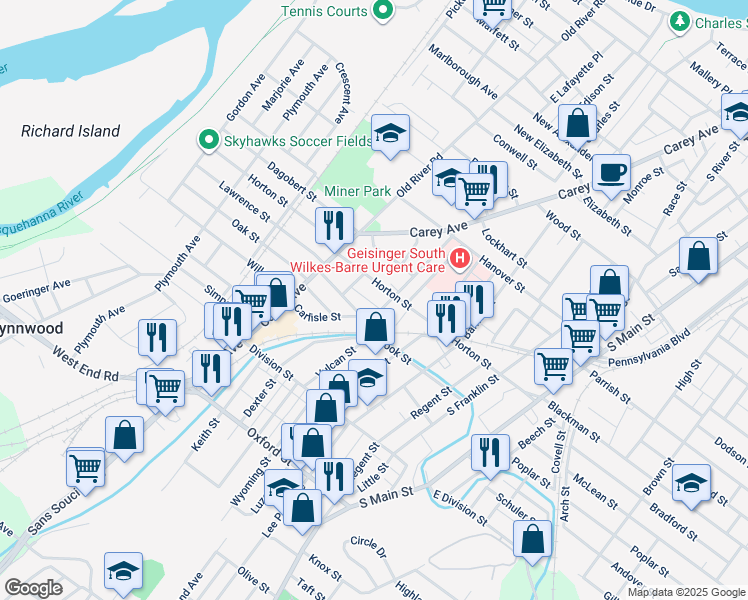 map of restaurants, bars, coffee shops, grocery stores, and more near 46 Cedar Street in Wilkes-Barre