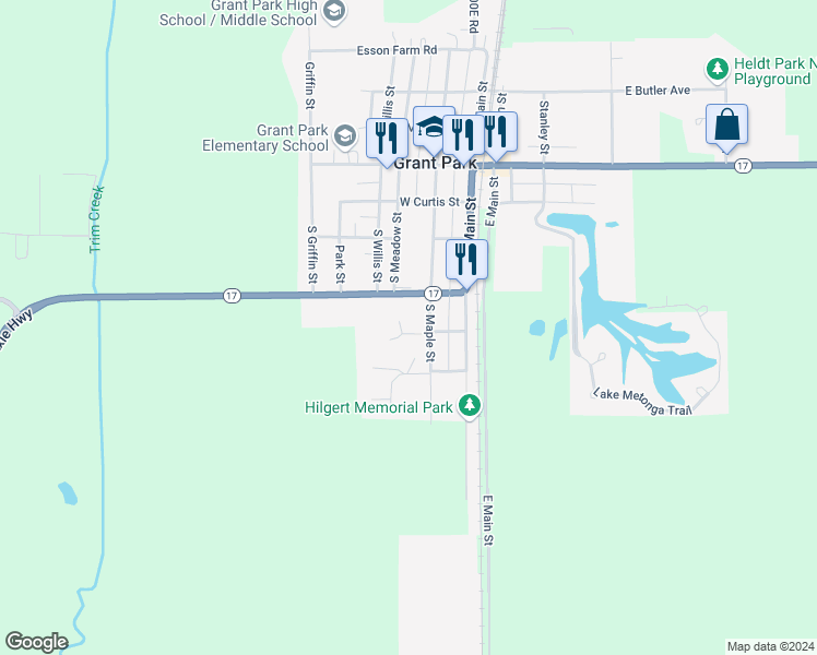 map of restaurants, bars, coffee shops, grocery stores, and more near 411 South Maple Street in Grant Park