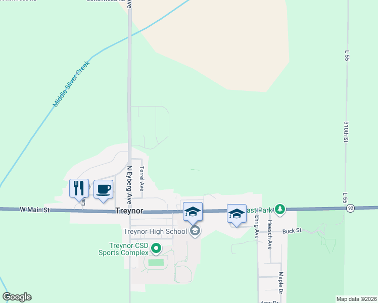 map of restaurants, bars, coffee shops, grocery stores, and more near 109 Firethorn Drive in Treynor