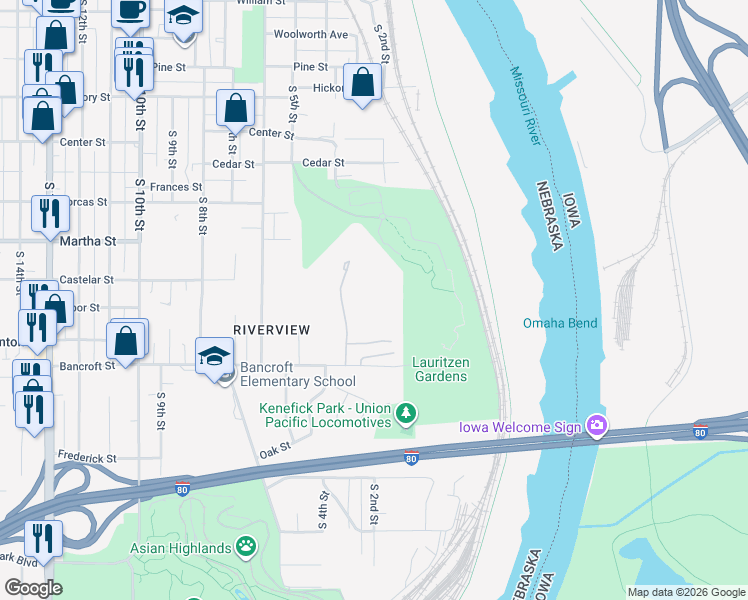 map of restaurants, bars, coffee shops, grocery stores, and more near 2509 South 3rd Street in Omaha
