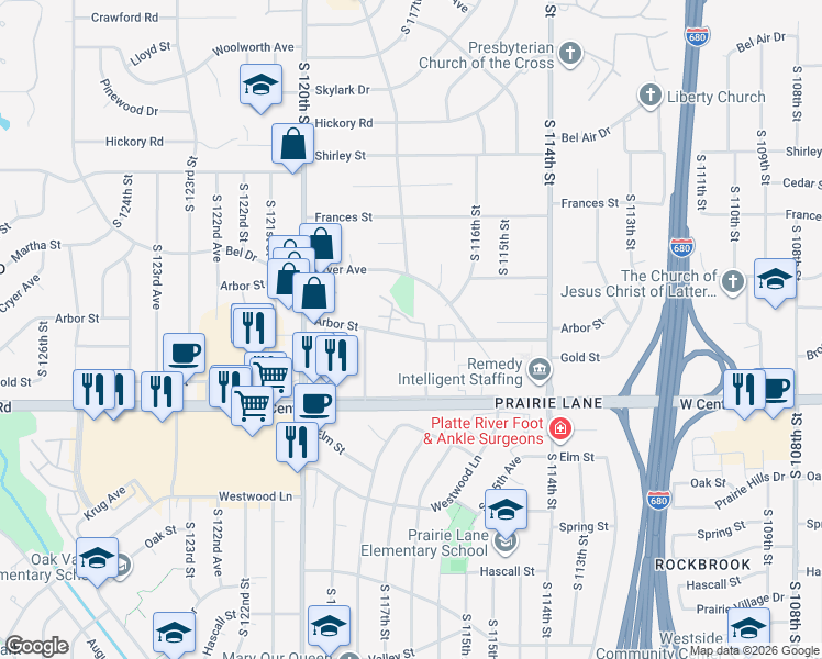 map of restaurants, bars, coffee shops, grocery stores, and more near 11640 Arbor Street in Omaha