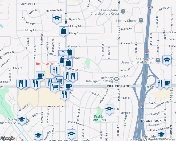 map of restaurants, bars, coffee shops, grocery stores, and more near 11640 Arbor Street in Omaha